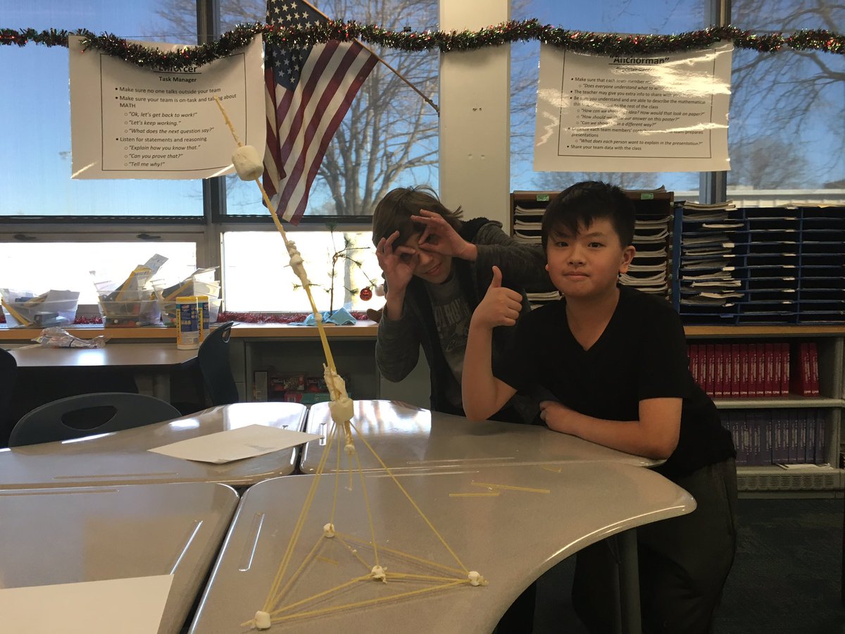 BrianKimmel6's tweet photo. Stem Challenge 7. Students had to construct a tower using small marshmallows, spaghetti, and tape that could support a large marshmallow. Tallest tower 64cm! Winning towers shown below.
#stemchallenge
@WhitmanTosa @tosaschools https://t.co/zEZZaOambI