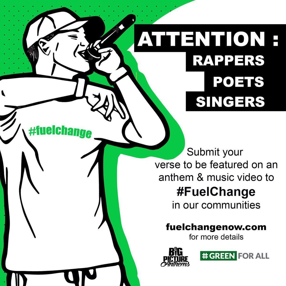 Greenlining's tweet photo. Our friends at @GreenForAll teamed up w/ @BigPicAnthems to launch the #FuelChangeChallenge for hip-hop artists, rappers, &amp; poets. One day left to submit a verse for a chance to be featured in a new music video. Visit https://t.co/MUD4LdKV0C &amp; tag someone w/ talent! https://t.co/1agk6qa63g