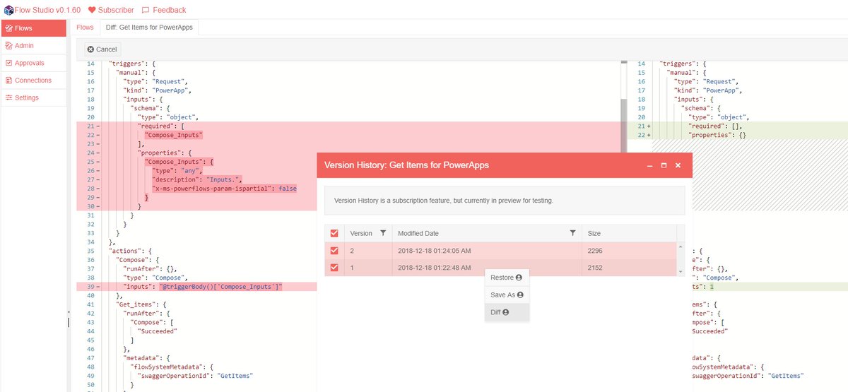 FlowStudioApp's tweet photo. We are very, very close to release.  0.1.61 is nearly 2 weeks of labour.

"Version History", "Restore" and "Diff"

Functionality's complete - need some time on UX polish. https://t.co/TYAyvI6Txu