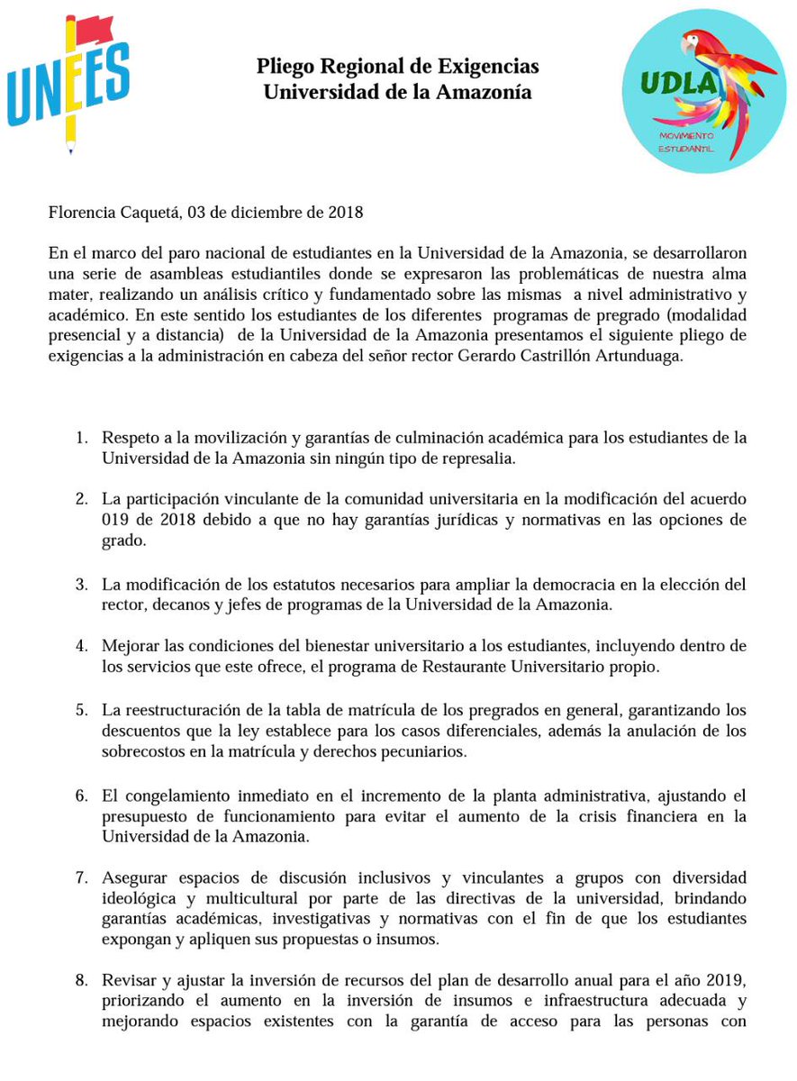 UNEESUDLA's tweet photo. Compartimos el pliego local de exigencias de la Universidad de la Amazonia. 

#ElParoSeMantiene #VenYTeUNEES https://t.co/UNXAgSJKx2