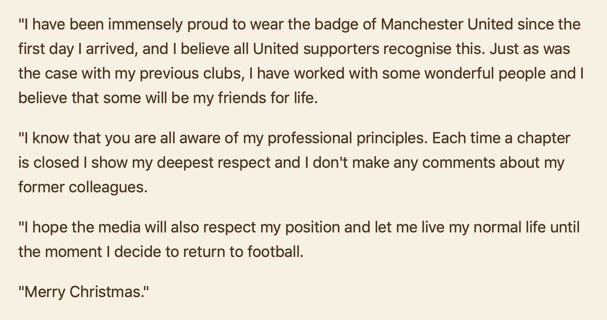 DeadlineDayLive's tweet photo. José Mourinho's official statement after being sacked by Manchester United. (Source: Various) https://t.co/R6xgG5P2OC