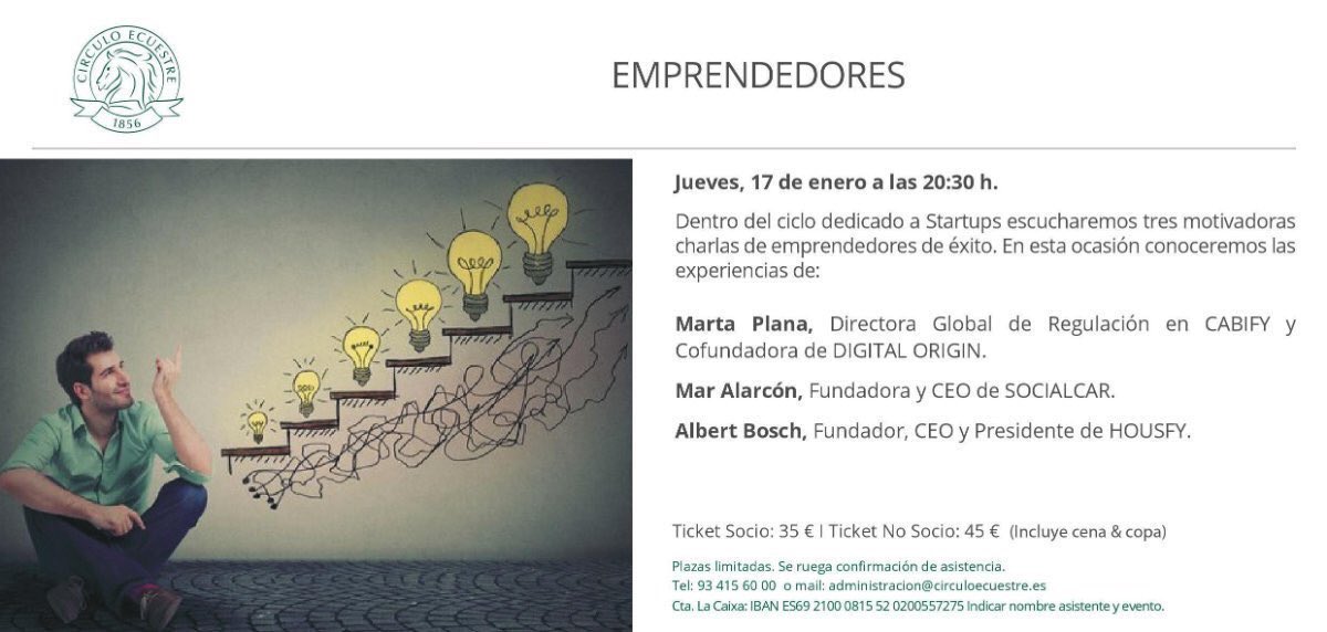 dani_visa's tweet photo. Para finalizar la trilogía dirigida a Startups dedicaremos la última sesión a #Emprendedores Gracias @maralarco @SocialCarCom , @marta_plana @cabify_espana y @BoschPalomas @housfy_es por compartir su experiencia en @Circuloecuestre 
#Startups #CirculoEcuestre #CETalks #Motivacion https://t.co/7fuHBfms7z