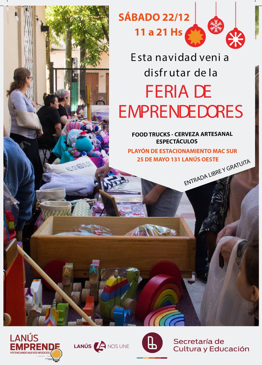 Estimados Vecinos! 

Los esperamos este Sábado en la Última Feria de #Emprendedores del Año!
Se llevará a cabo en el playón de Estacionamiento de MACSUR, 25 de Mayo 131, Lanús Oeste, de 11 a 21 hs. 
Además Foodtrucks - Cerveza Artesanal y Espectáculos!!
Los esperamos!!