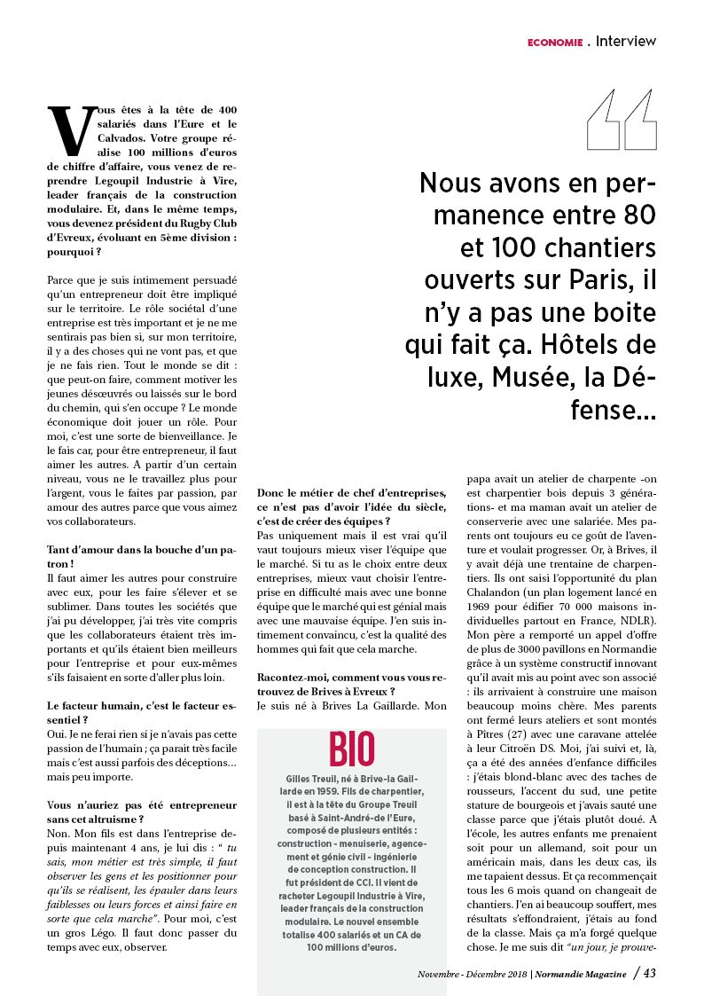 ▶️  " Patron, c'est un métier très simple : observer les gens et les positionner pour qu'ils se réalisent".

5 pages d'entretien avec Gilles Treuil, "premier menuisier de Paris" et dirigeant du <a href="/GroupeTreuil/">Groupe Treuil</a> .🏗🛠 

 Actuellement en kiosque 📰