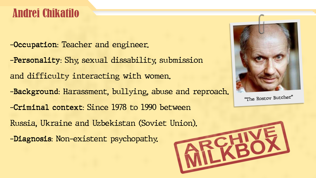 MilkboxInfo's tweet photo. A new section has arrived to Mondays: #PsychologyOfCrime🤓🔪 | Andrei Chikatilo, "The Butcher of Rostov"

Andrei Chikatilo, a common man with wife and children, university graduate and worker... Read more at: https://t.co/MOUyFeYtdY https://t.co/F6OfZoEAuy