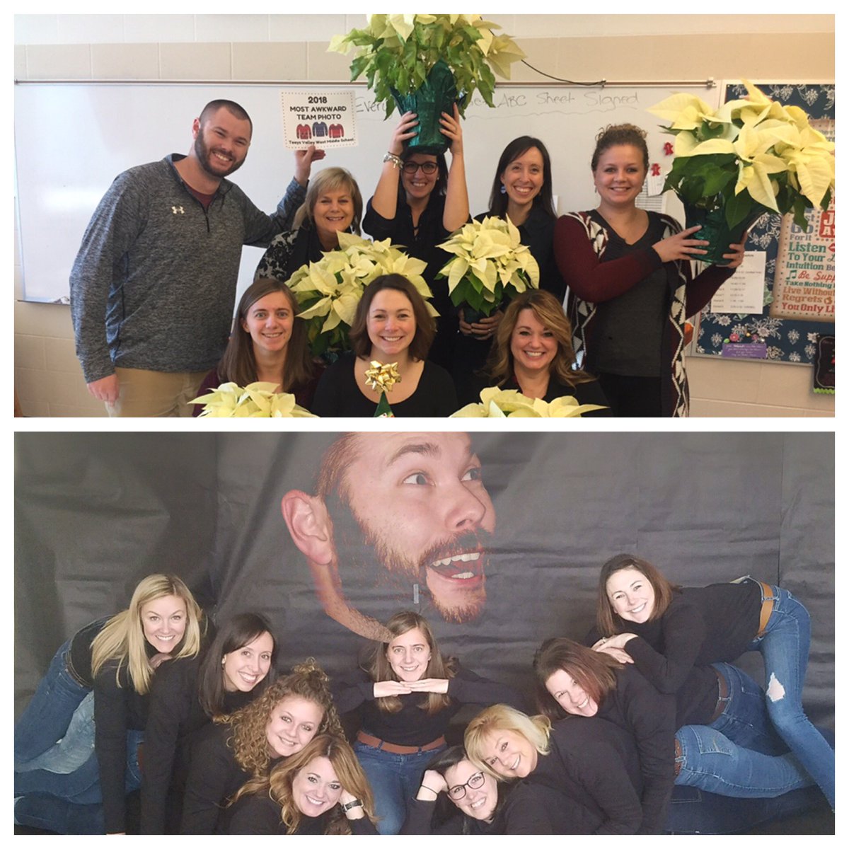 KauffeldMichael's tweet photo. And the winners, as voted on by the students @TeaysValleyWest, of our awkward family photo contest...The sixth grade team! 7th grade finished 2nd  and 8th finished 3rd. Thank you to all 8 teams who had fun, laughed and joined in the activity #tvwmsGoBig build a culture https://t.co/6EsQU07Nga