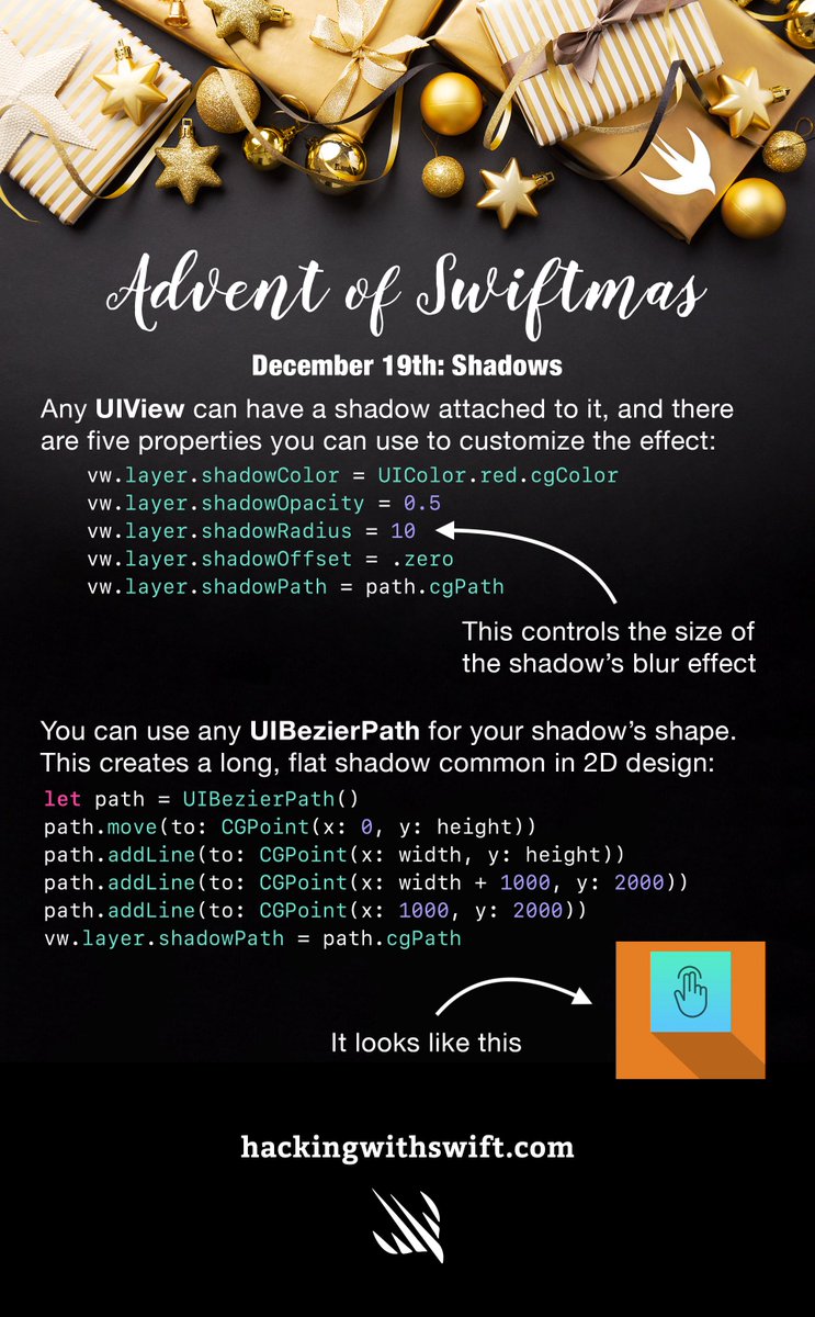 Advent of Swiftmas day 19: Advanced UIView shadow effects using shadowPath. Full article: hackingwithswift.com/articles/155/a…   Today's Swiftmas surprise is 50% off <a href="/Glyphish/">Glyphish</a> - a ready-made collection of beautiful icons for iOS apps!