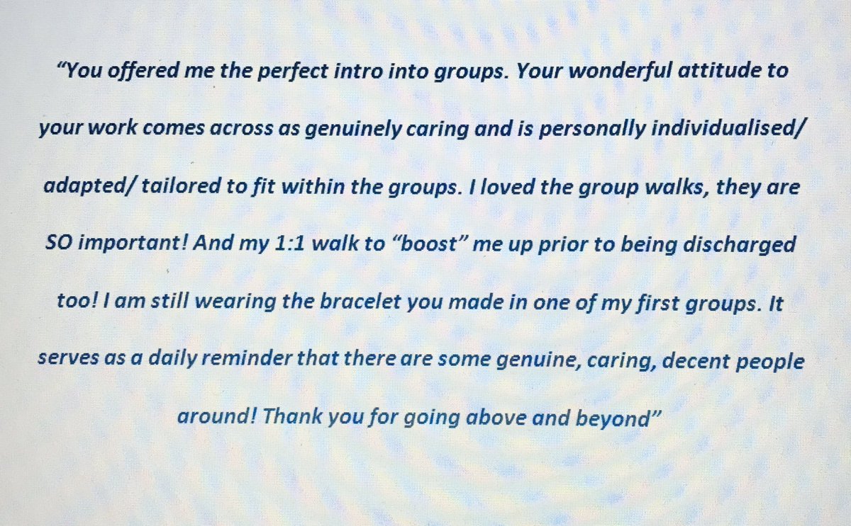 MillView_OTteam's tweet photo. Great #plaudit for our @withoutstigma @Millview_SPFT #MillViewOTteam member and #OTA Kate from one of our @CSpft service leaders. Kate has remarkable energy and compassion and is a great role model for our #revoverythroughactivity approach! #notjustajob #teamkate https://t.co/9H9BF6D5Al