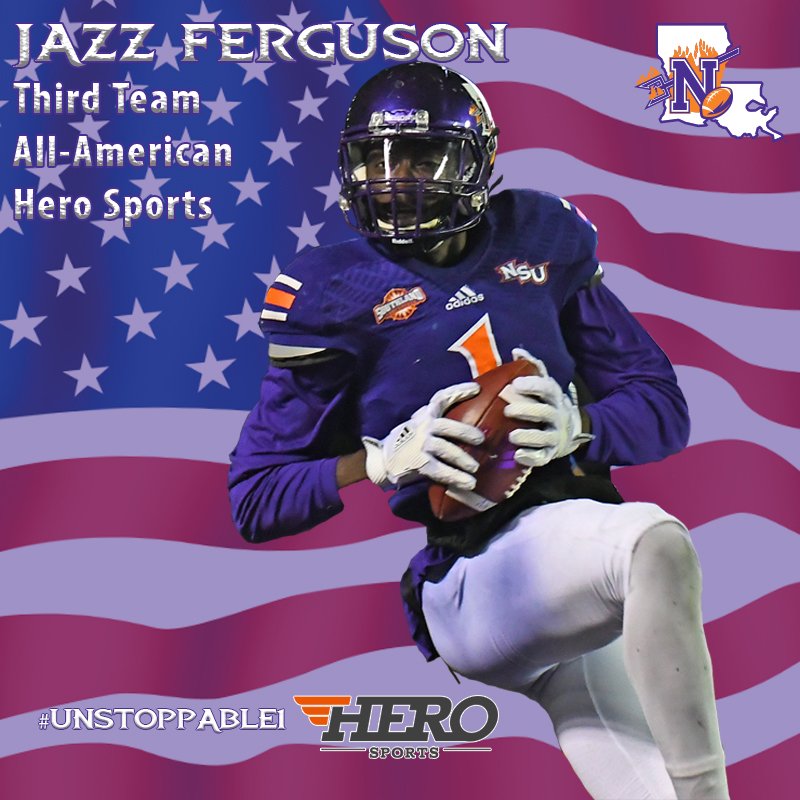 NSUDemonsFB's tweet photo. Easy as 1, 2, 3. @JazzFerguson2 notches his third All-American honor this month as @HEROSportsFCS tabs him as a third-team All-American.
#Unstoppable1 #NeverYield https://t.co/OId9sWpbIx