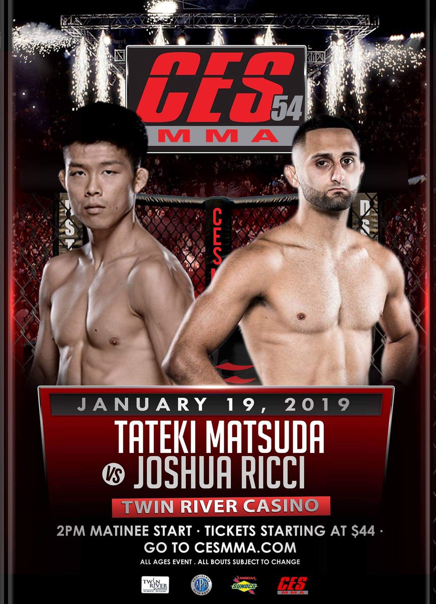 CESMMA's tweet photo. ⚠️ After nearly 5 years out of the #CESMMA cage, #Boston #UFC vet @TatekiMatsuda returns to take on top #NewYork contender @jrik125 at #CES54 on Jan. 19 at @twinrivercasino!

Get tickets today ➡ https://t.co/Up8kKfYFpe https://t.co/K6wVfzlSAJ