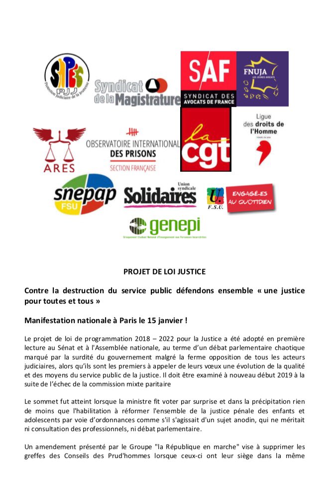 fnuja's tweet photo. Save the date : Manifestation nationale à Paris contre le #PJLJustice le 15 janvier 2019 !!!
#onnelâcherien 
Nous vous souhaitons tout de même d’excellentes fêtes de fin d’année d’ici là !!! https://t.co/5ikwxEjQr1
