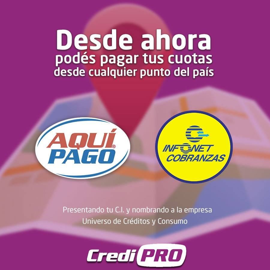 CrediProPy's tweet photo. ¡Ahora es más fácil pagar tus cuotas! 🙌  Acercate a cualquier puesto de @aquipago​ presentando tu cédula y mencionando a Universo de Créditos y Consumo ya podés pagar. Recordá que estando al día con tus cuotas podés participar del sorteo semanal de 3 millones de Guaraníes 💵 https://t.co/auErsy4Wpq