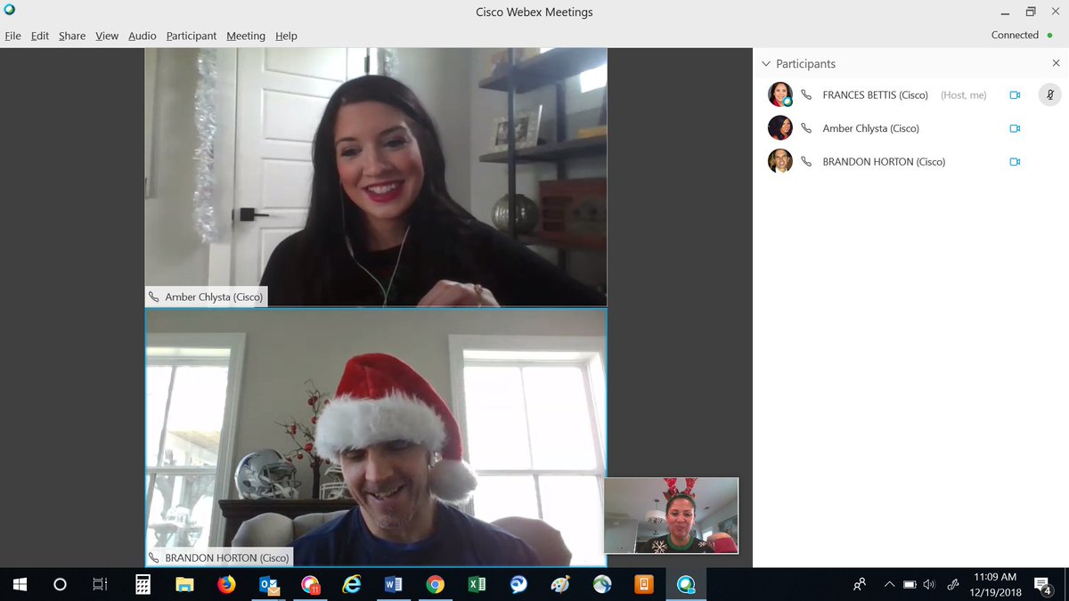 FrancesBettis's tweet photo. One of the highlights of my week is connecting with @AmberChlysta & @BHorton41 - Happy Holidays from the APO, Canada and #PublicSector Recruiting Team! #WeAreCisco #TisTheSeason #AMSFestiveFun #LoveWhereYouWork https://t.co/OaLczcNHas