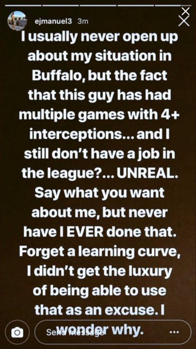 Nick_Wojton's tweet photo. EJ Manuel took to Instagram to complain about the number of opportunities Nathan Peterman has gotten, pointing to his ethnicity by saying "I wonder why." At that time, Manuel was recently released by the #Raiders. 

Fast forward a few months &amp; that same team signed Peterman... https://t.co/C7MAo2Zo1X