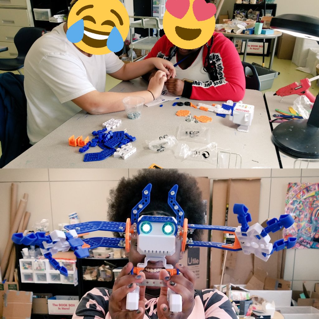 NECMakerspace's tweet photo. #teamwork makes the dream (robot) work!! Our Ss worked together and used tools to build a @Meccano #287edchat #makerspace #nec287 #robots https://t.co/U2YdLBaEDe