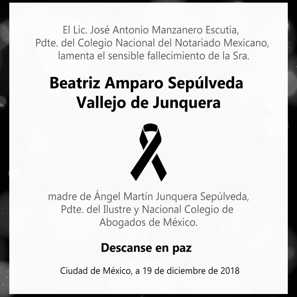 Mis más sinceras condolencias al Lic. Ángel Martín Junquera Sepúlveda, Pdte. del <a href="/INCAM_Abogados/">Colegio de Abogados</a> porel sensible fallecimiento de su señora madre.