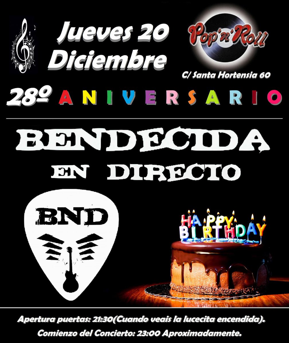 Mañana jueves es el aniversario del <a href="/popandrollbar/">Pop'n'Roll</a> Madrid y toca un pedazo de banda llamada <a href="/BendecidaGrupo/">Bendecida</a> para celebrar que el garito de Hombres G está más vivo que nunca. Yo voy a colaborar cantándome algo y tú tendrías que estar allí!!!