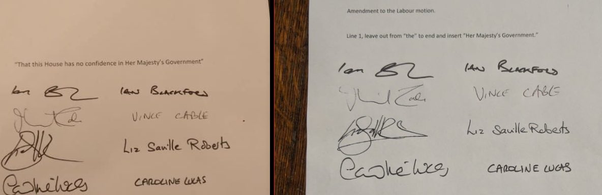 The two motions side by side show they are different documents signed by the same MPs. It seems that after trying to amend Labour’s motion of no confidence they decided they might as well have one of their own