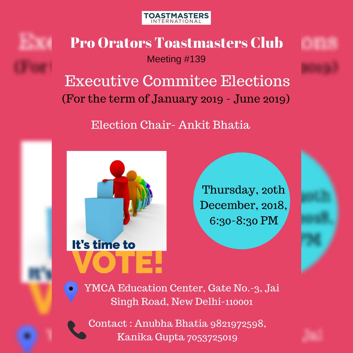 ProOratorsTM's tweet image. Toastmasters is a platform where everyone can enrich their leadership qualities by becoming a part of it&apos;s Executive Committee. POTM is going to conduct it&apos;s elections this Thursday.

Join us this Thursday on 20th December, 2018 at 6:30 PM.

#potm #proorators #district41