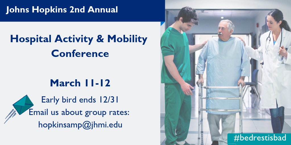 HopkinsAMP's tweet image. There is plenty of time to register, but our #earlybird rates are only good for a few more weeks! We encourage #multiD teams to attend and will happily accommodate #patientmobility champions from your institution with group discounts. #bedrestisbad bit.ly/AMPconference
