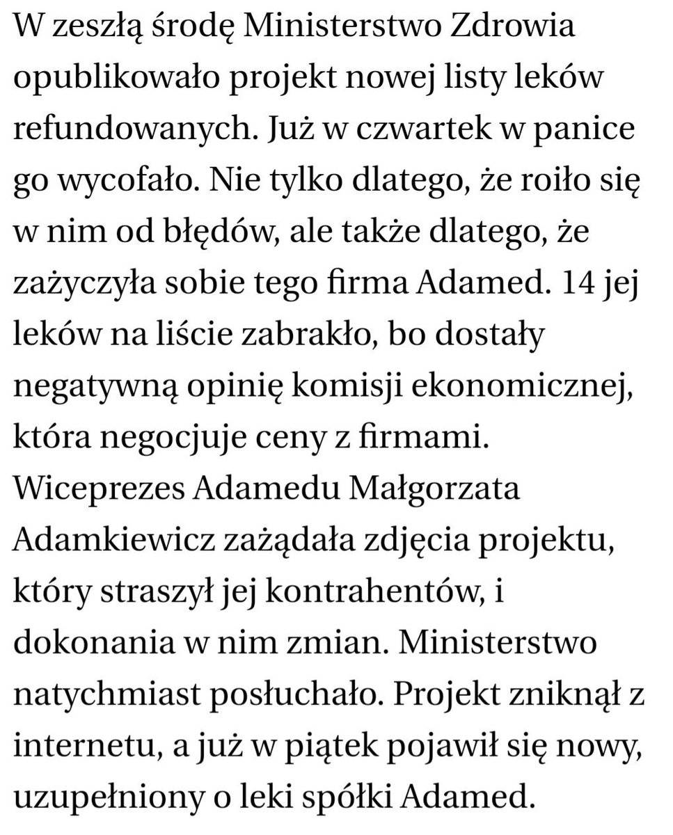 olejnik_lukasz1's tweet photo. 14 leków #Adamed na liście zabrakło,bo dostały negatywną opinię komisji ekonomicznej.Wiceprezes Adamedu #Adamkiewicz zażądała zdjęcia projektu. #MZ natychmiast posłuchało. Projekt zniknął z internetu,a w piątek pojawił się uzupełniony o leki spółki Adamed.
https://t.co/xc2EBwPFFB https://t.co/hSYvIvu6YP