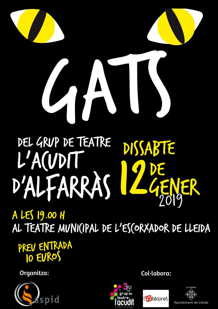 aspidlleida's tweet photo. 📡Reserva't data a l'agenda!! El 12 gener arriba al @teatrescorxador de #Lleida el MUSICAL GATS del @teatrelacudit Una història màgica, divertida, tendra i animal que no us deixarà indiferents! Els beneficis es destinen al centre de dia @aspidlleida Gràcies per fer-ho possible!! https://t.co/a2eTxMvCtv