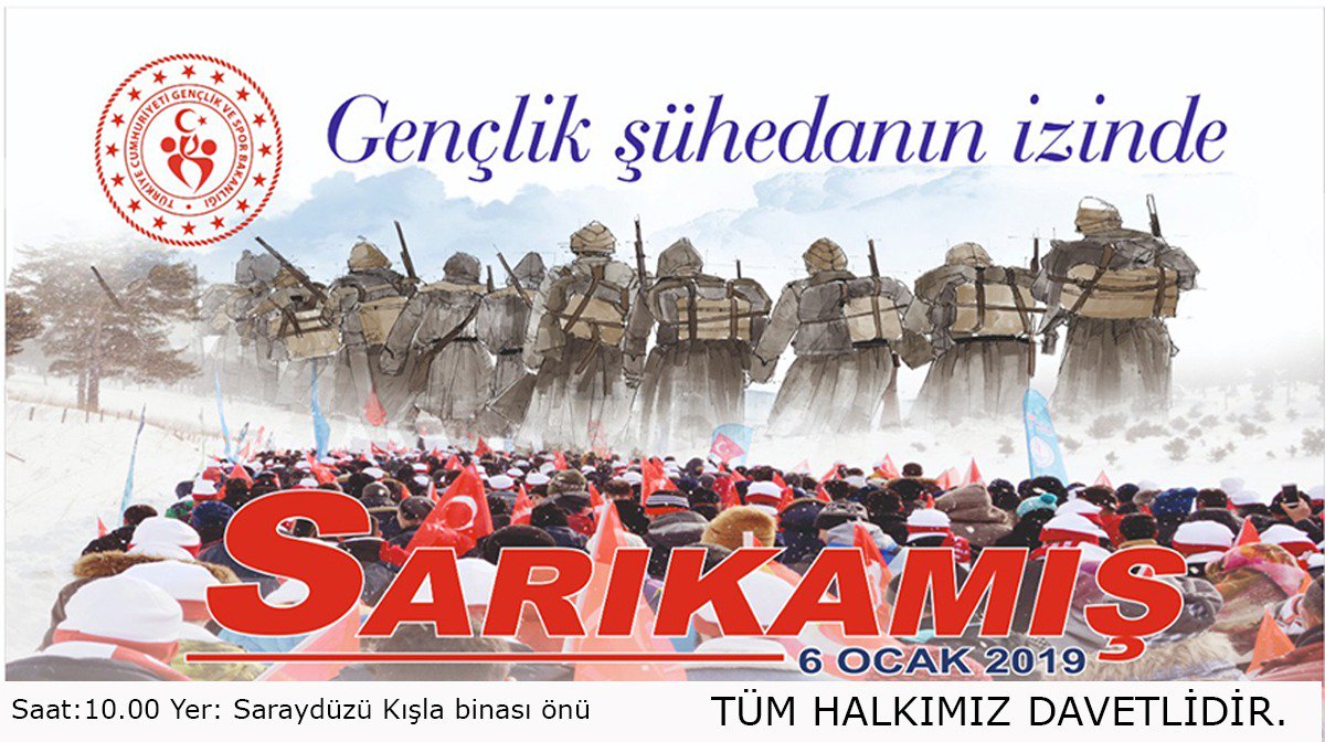 "Gençlik Şühedanın İzinde" Sarıkamış şehitlerini anma yürüyüşüne tüm halkımız davetlidir.
Yer: Saraydüzü Kışla Binası Önü
Saat: 10.00 
Tarih: 6 Ocak 2019 Pazar
#GençlikŞühedanınİzinde #GSBGM