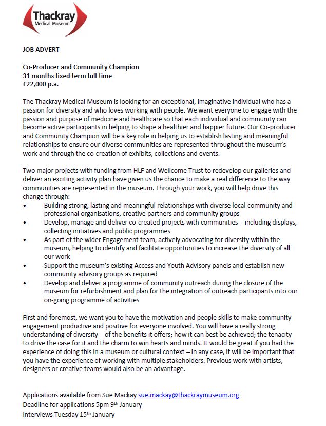 Passion for diversity? Love working with people? We're hiring! Fantastic new role as Co-Producer and Community  Champion. 31 months @ £22k pa full time. Contact  sue.mackay@thackraymuseum.org for application pack. Deadline Wed 9 Jan #museumjobs #leeds #Harehills #museums