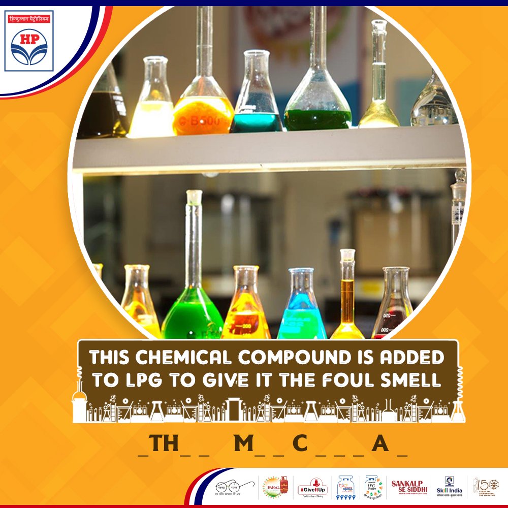 HPCL's tweet photo. This chemical compound lends the distinct smell that helps you detect a gas leak. Do you know what it is called? Tell us the answers with #HPFun https://t.co/SCPZOBhSdi