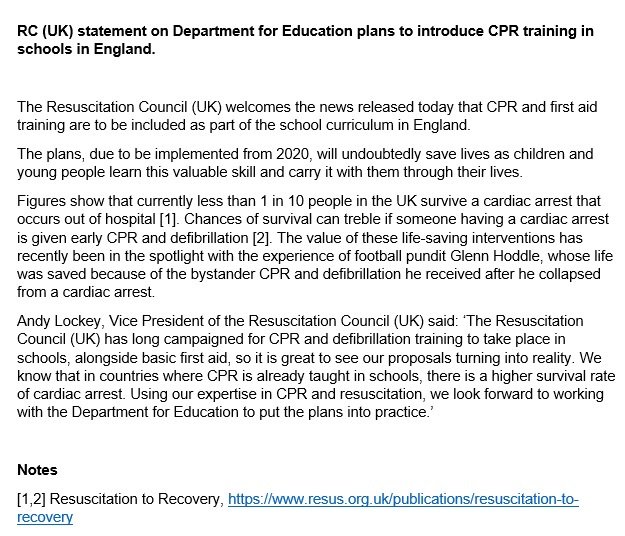 The <a href="/ResusCouncilUK/">Resuscitation Council UK</a> is delighted to share <a href="/educationgovuk/">Department for Education</a>'s announcement that all secondary school children in England will learn CPR. It is something we have long campaigned for. We look forward to sharing our expertise as these plans become practice. Our full statement below.