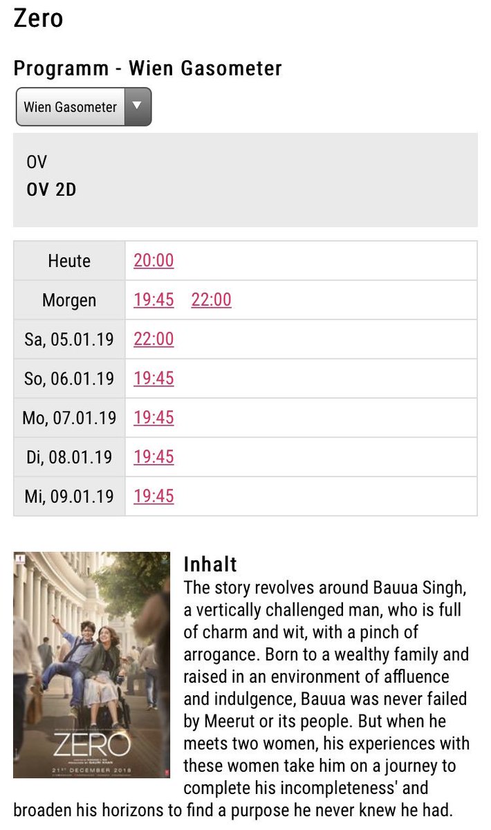 SRKAustria's tweet photo. #ZeroInAustria 🇦🇹 

#ZERO wurde aufgrund des großen Erfolgs &amp; der Nachfrage des österreichischen Publikums um 1 weitere Woche verlängert ! 
Diesmal im Hollywood Megaplex GASOMETER Wien https://t.co/lBJYqg6FG0

#Zero3rdWeek 
#NewYearWithZero 

@SRKUniverse @TeamSRKUniverse https://t.co/dEVkCA2L3N
