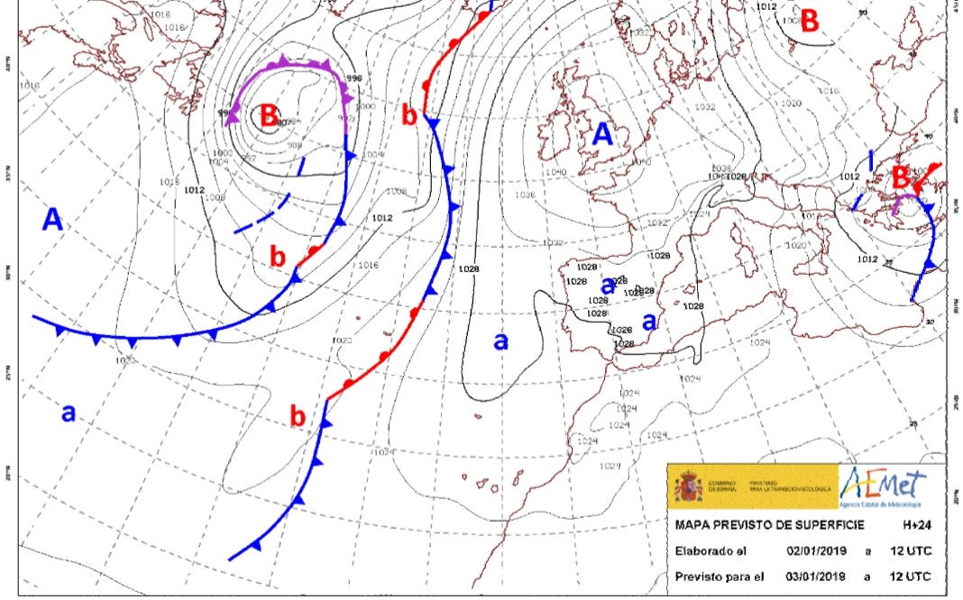 Seguimos con estabilidad atmosférica con fuertes enfriamientos nocturnos del suelo en ausencia de nubes, ahora con el centro del anticiclón situado sobre Reino Unido trayéndonos aire más frío. <a href="/AEMET_Esp/">AEMET</a>