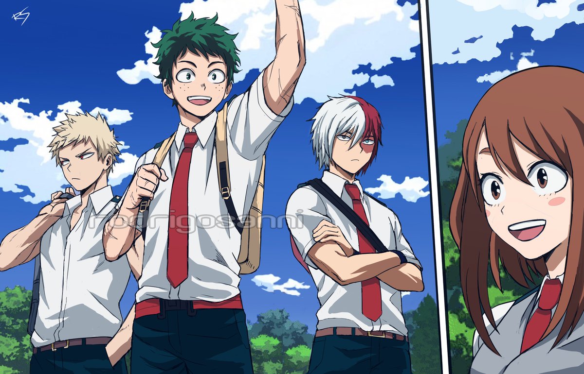 RodrigoSanni's tweet photo. I decided to make once again a time skip for Midoriya, Bakugou and Todorki, but this time as their first day on the 3rd year as the new "Big Three", while Uraraka is all like "KYAAA THEY'RE BACK". LOL
I am really proud of this one, i hope you guys like it! https://t.co/O8PCPHOSzy