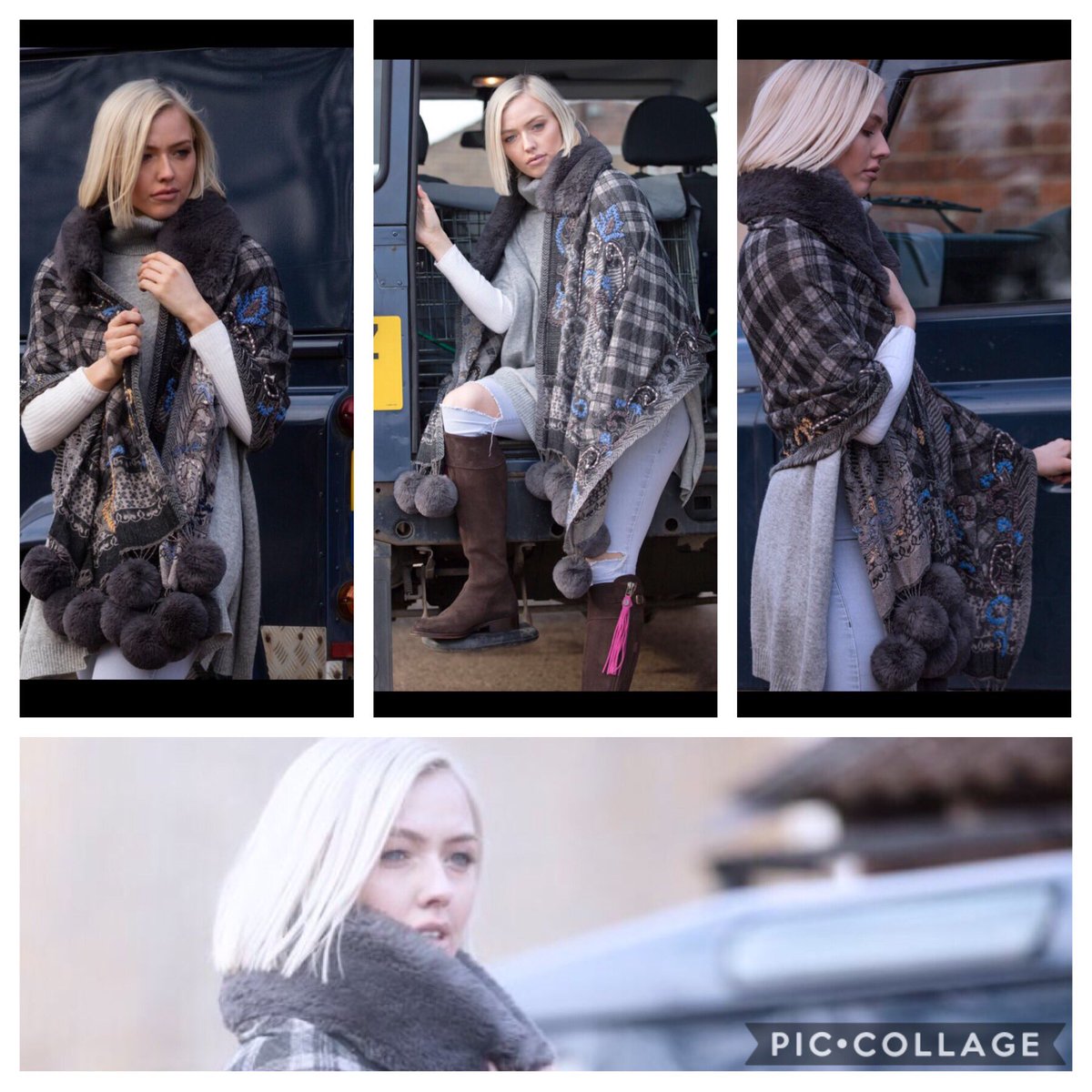 Frosty winter morning #extralayer #beautiful #fauxfur #embroidered #wool #collar #pompoms #blues #greys #overacoat #easywear #luxury #lush #scarf #wrapup