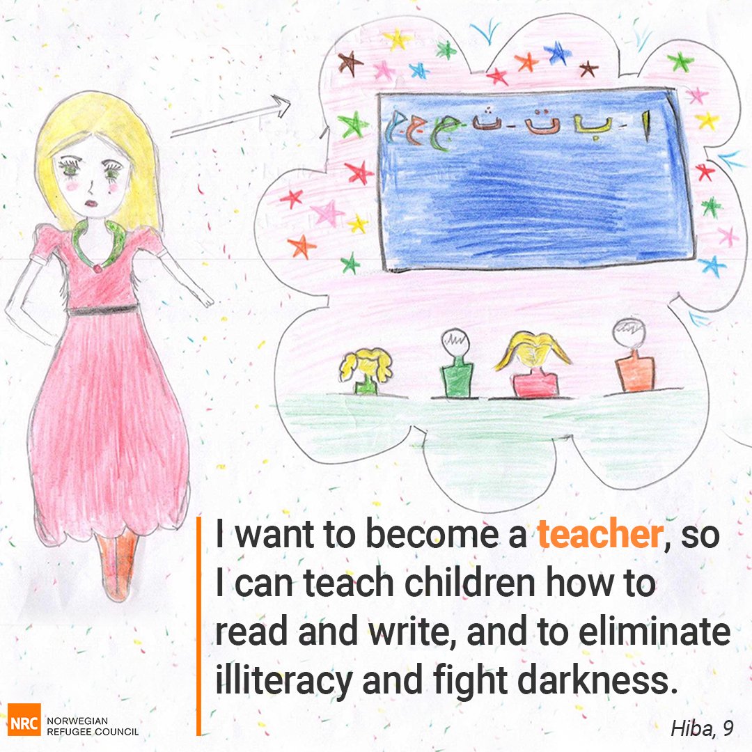 NRC_Norway's tweet image. Why does Hiba (9) want to become a teacher in the future? She is one of the Syrian students we asked to draw her dream for the future. She has a New Year’s resolution, too.
#Syria #NotAnotherYear