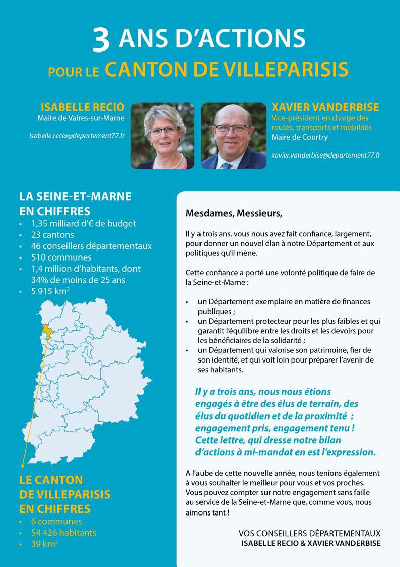 Avec ma binôme, Isabelle Recio, nous sommes très heureux de vous adresser notre bilan de mi-mandat comme Conseillers Départementaux du canton de Villeparisis.