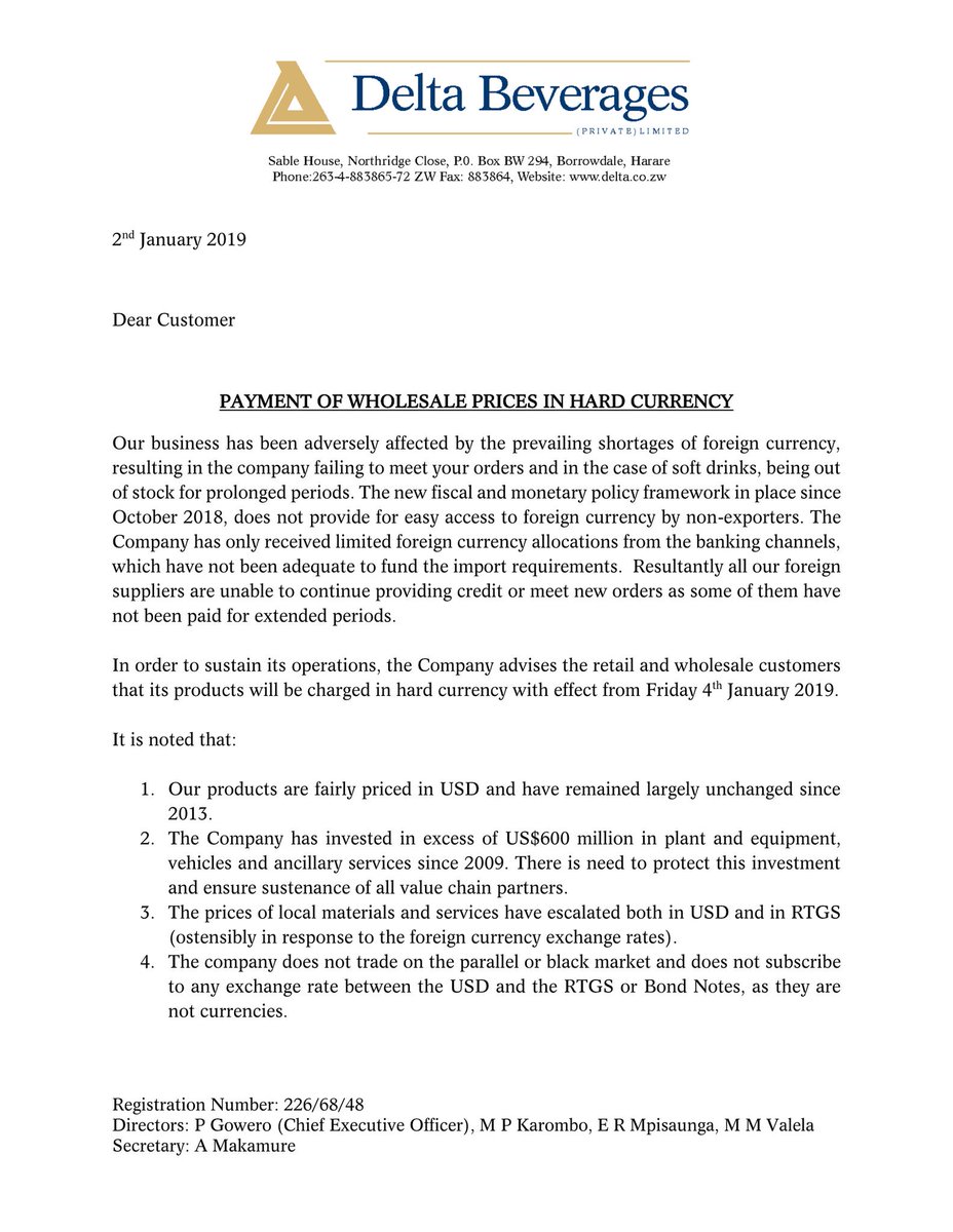billy_zw's tweet image. @DeltaCorpZim announces USD wholesale and retail pricing only for product line. Only hard cash US $ accepted. Let's brace ourselves for tough times ahead 

#Zimbabwe #currencytrading #Bondnote