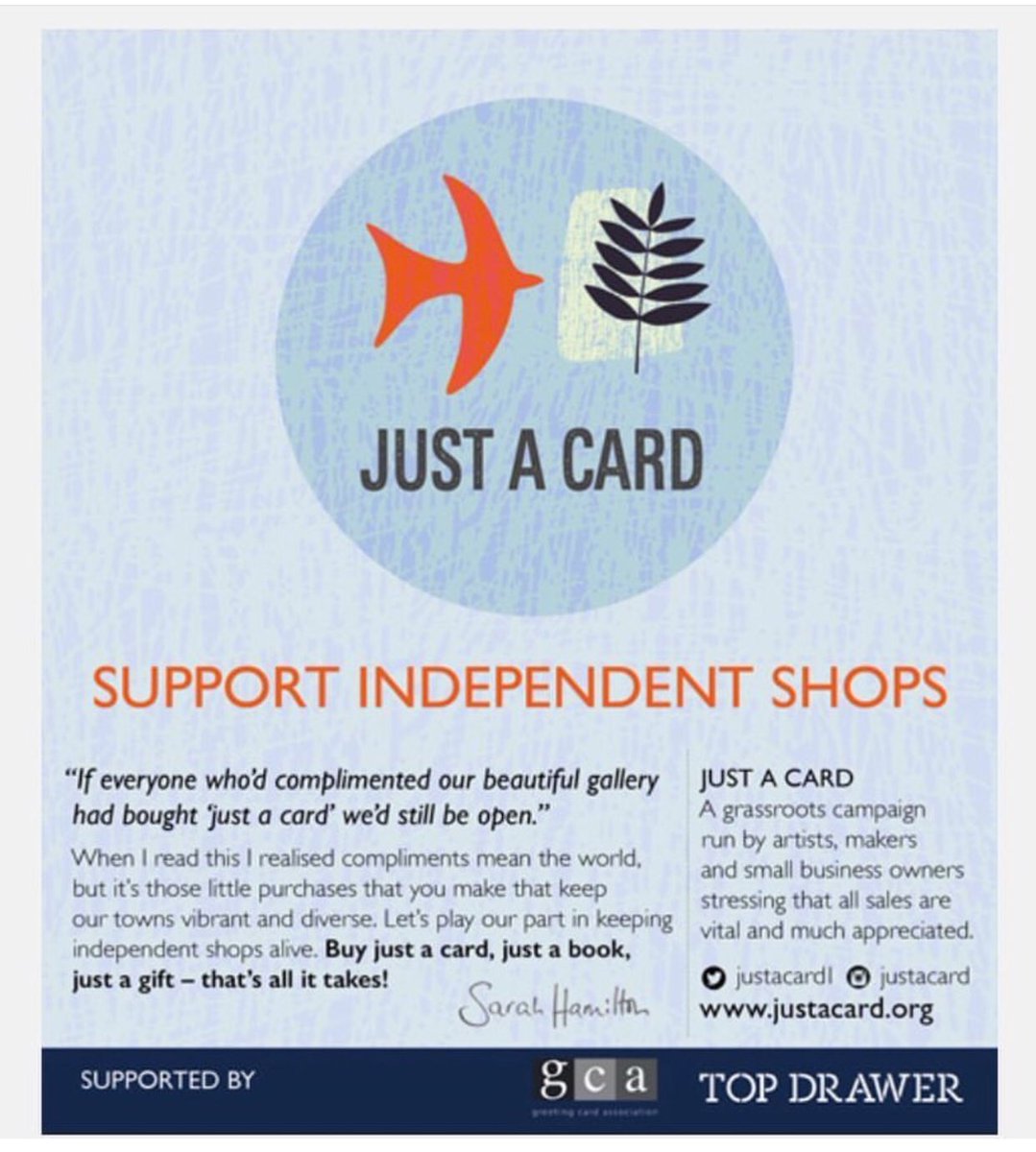 Can we get 100 RT’s?! RETWEET THIS if you care passionately about the independent shops in your towns, if you’d love people to buy from them, and Artists/Makers too! PLEASE follow our campaign on INSTAGRAM to SUPPORT INDEPENDENTS this year! 👇 Instagram.com/Justacard