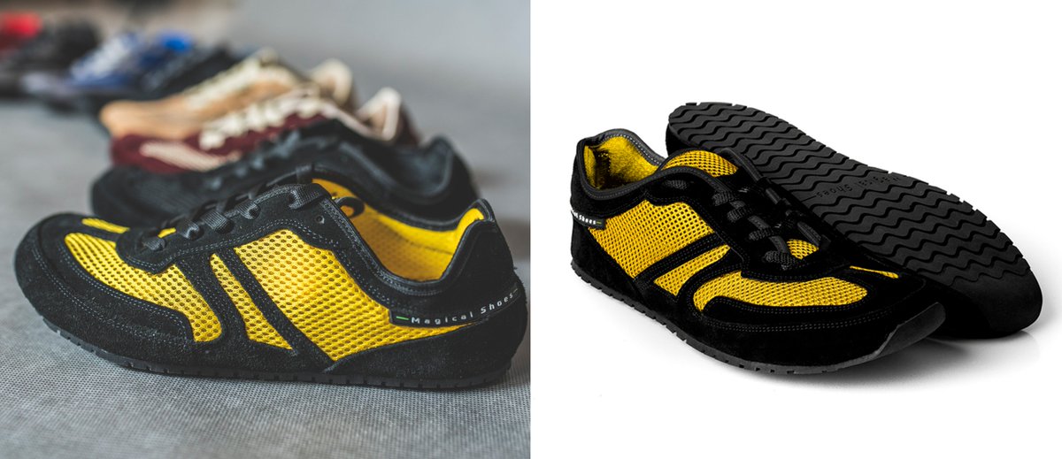 Magicalshoes24's tweet photo. This is our Explorer model #shoes for #running 🏃‍♂️ in amazing #black color with #yellow acent. 
They weight 180 grams 👟 in size 8 UK. You don't feel it on your feet. 
Running with this shoes is a next high level and awasome 👣 feeling of freedom.
▶️ https://t.co/EiJ7QirIxn https://t.co/iKRDqdhCJm