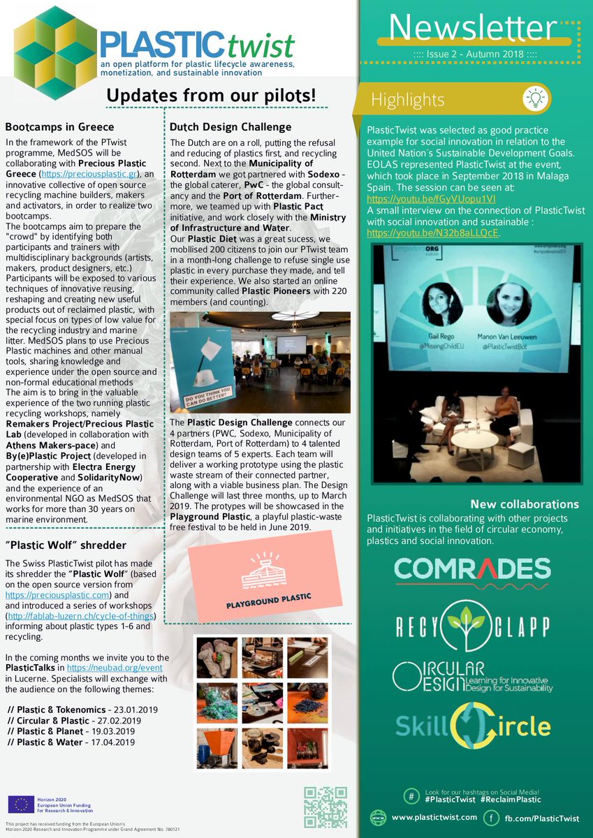 Plastictwist Pilots are on a roll, with different events and activities. Want to know more about what is happening, check out the second edition of our Newsletter and join in at one of the activities. 
#Plastictwist, #Revalueplastic, #Reclaimplastic, #H2020
#Cappsi
