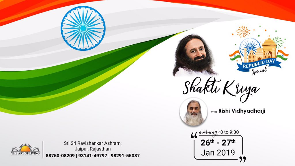 Rishividhyadhar's tweet photo. #Programs along with "#RepublicDay #Special" #Part2Programs #ArtOfSilence at #SriSriRavishankarAshram, #Jaipur, #Rajasthan :
β’ 4 Days : 24-27 Jan 2019, reporting 23 Jan.
β’ 6 Days : 24-29 Jan 2019, reporting 23 Jan.
Contact : +91 88750 08209 / 9314149797 / 9829155087. https://t.co/sXvD6UcMfG
