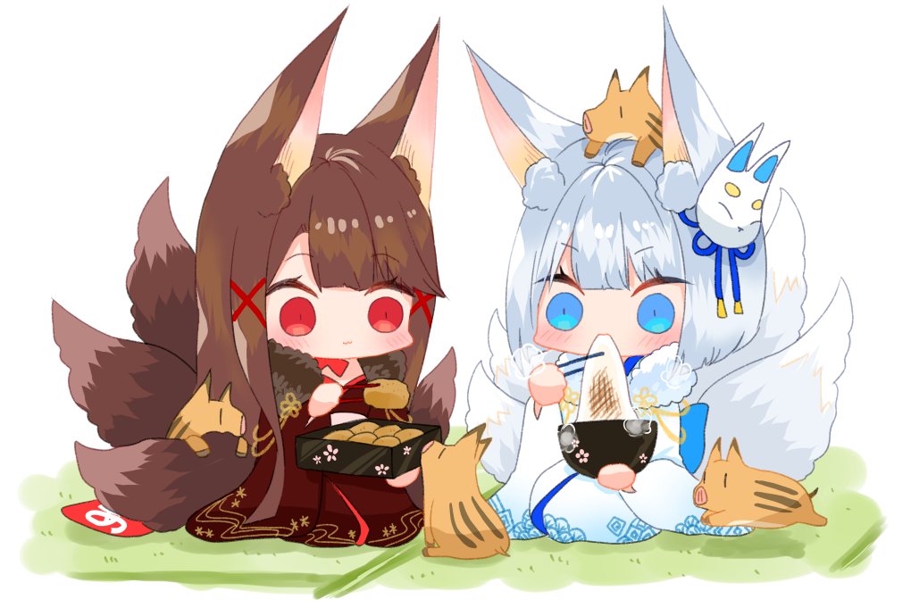 akagi (azur lane) ,kaga (azur lane) multiple girls 2girls tail animal ears fox tail fox ears kimono  illustration images