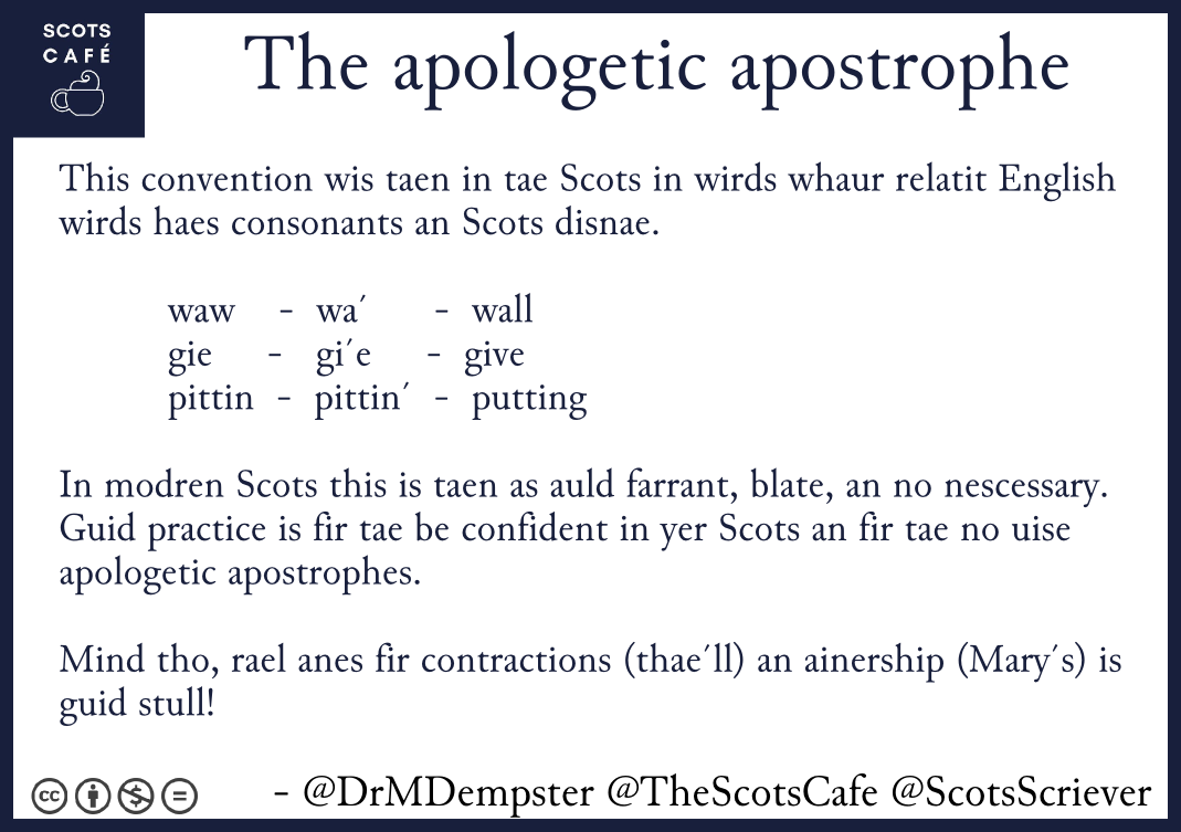 TheScotsCafe's tweet photo. The apologetic apostrophe.

Please retweet an follae @TheScotsCafe .

Encouragin an supportin spikkin #ScotsLanguage  in public.  Gie's a shout if ye want help fir tae set up yer ain café!

@DrMDempster #Scots #Scotland #ScotsCafe https://t.co/ZjovE8vjgQ