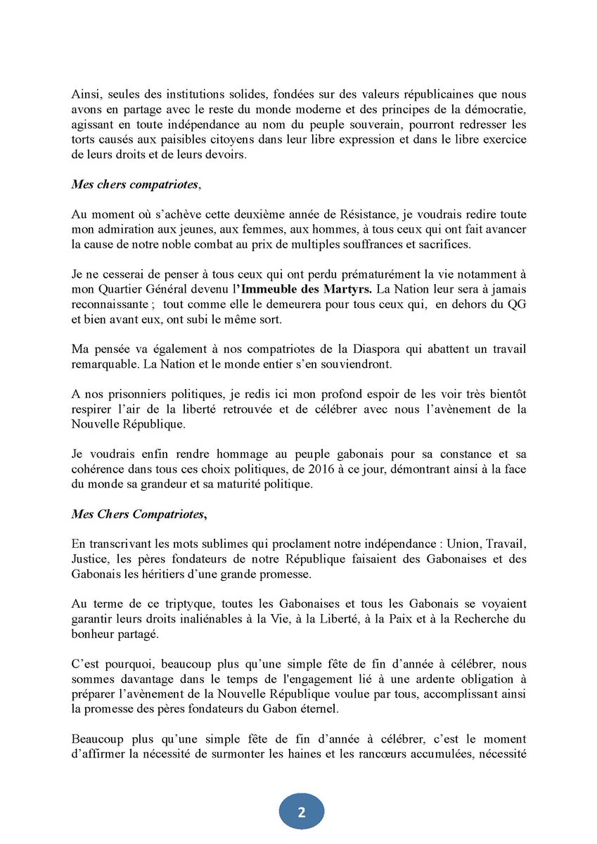 PRJeanPing's tweet photo. Mes chers compatriotes, veuillez trouver le texte des vœux exprimés à la Nation en ce jour de l'an. Vive le #Gabon éternel ! https://t.co/XLai0LCdSU