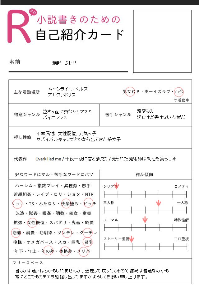 R18 R小説書きのための自己紹介カード ツイート集 Togetter R18 R小説書きのための自己紹介カード ツイート集 Togetter