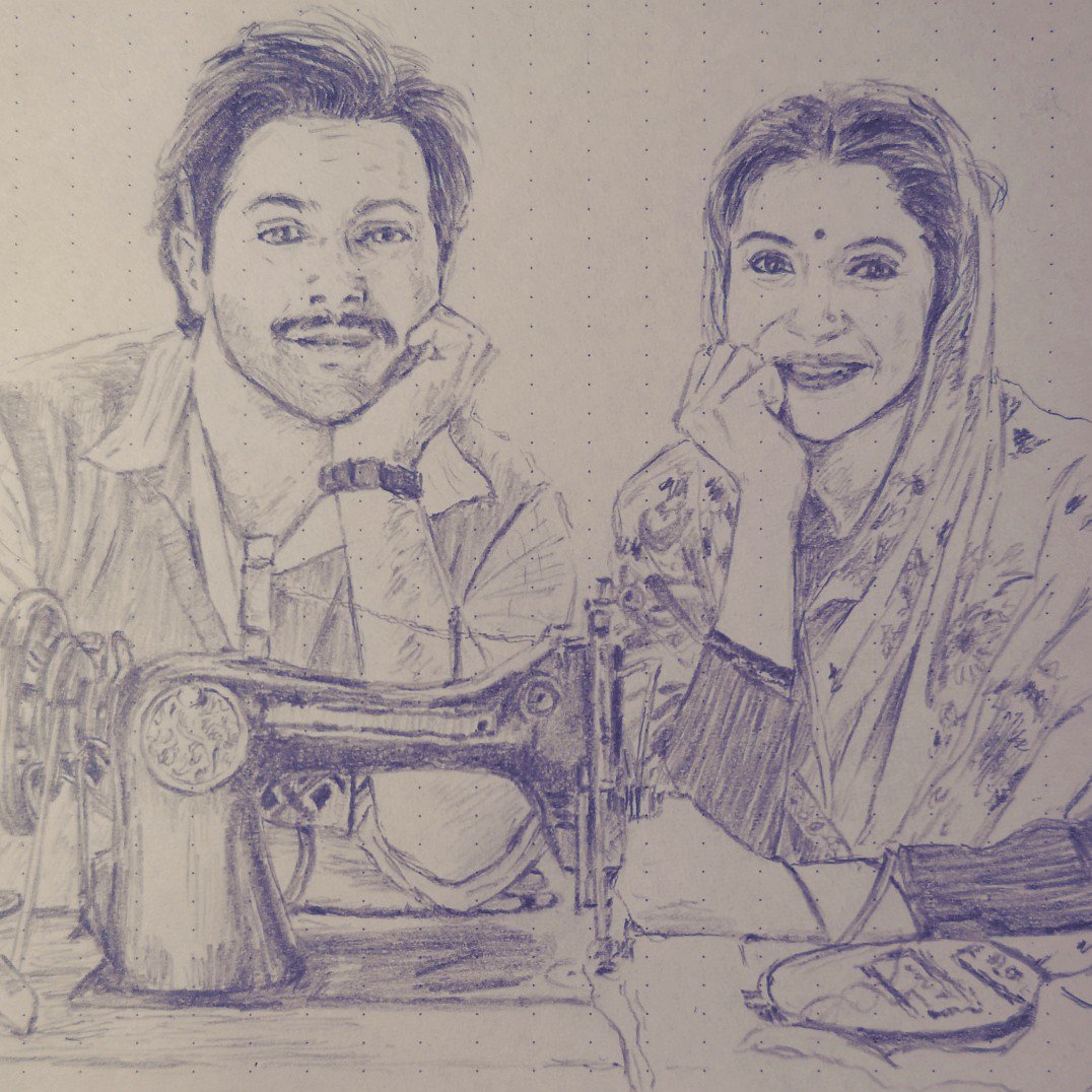 「Sui Daaga - Made in India」のめっちゃ可愛い夫婦を描いてみました。 #suidhaaga #varundhawan #anushkasharma ミシンも主役。