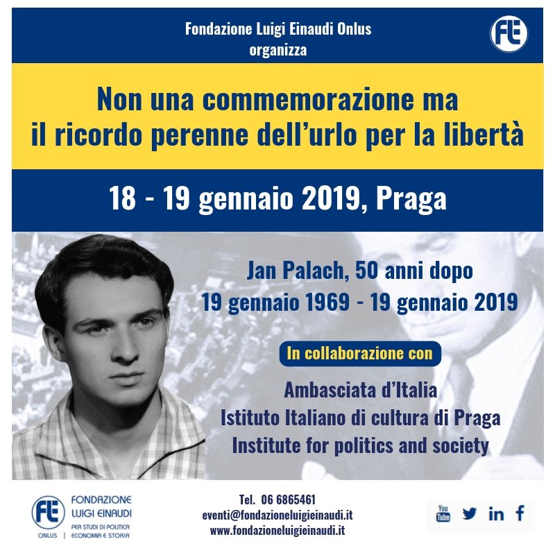 L’anno per ⁦noi comincia così
Saremo a Praga il 19 Gennaio, il giorno che è morto.
Ma morti sono i suoi carnefici
Lui vive in eterno simbolo di LIBERTÀ!
Dal 16 al 19 il suo volto sarà il nostro profilo
Fatelo anche voi
Ogni dettaglio dell’iniziativa su fondazioneluigieinaudi.it
