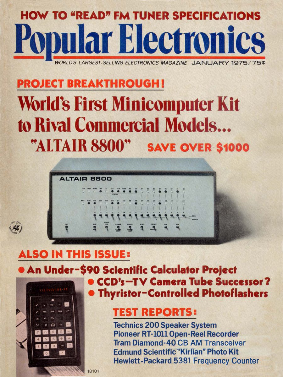 computermuseum's tweet photo. #OnThisDay in 1975, the MITS Altair computer appeared on the cover of #PopularElectronics magazine - launching, arguably - the first personal computer. https://t.co/XOPZiUjWPq https://t.co/Ya49LN5D5D