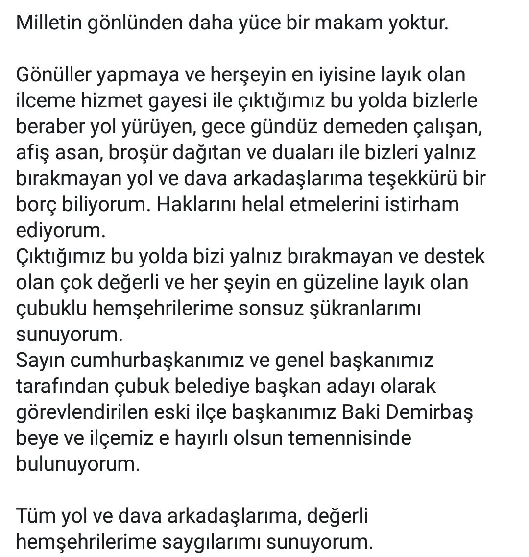 Ankara'mıza ve ilçelerimize aday gösterilen belediye başkan adaylarına başarılar diliyorum.<a href="/tcbestepe/">T.C. Cumhurbaşkanlığı</a> @RTE_Erdogan <a href="/Akparti/">AK Parti</a> <a href="/AkpartiAnkara/">AK Parti Ankara</a> <a href="/mehmetozhaseki/">Mehmet Özhaseki</a> <a href="/AcielmaSukru/">Şükrü Acielma</a> <a href="/av_baki/">Av. Baki Özgen</a> <a href="/orhanyegin/">Orhan YEGİN</a> <a href="/_fatihsahin/">Fatih Şahin</a> <a href="/selvacam/">Lütfiye Selva Çam 🇹🇷</a>  <a href="/NazimMavis/">Dr. Nazım Maviş</a> <a href="/abdullahbag06/">ABDULLAH BAĞ</a> <a href="/akparticubuk/">AK Parti Çubuk ilçe Başkanlığı</a> <a href="/hakanhanozcan/">Hakan Han ÖZCAN 🇹🇷</a>