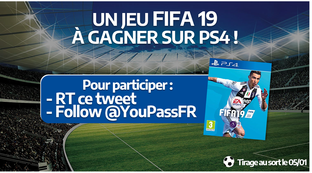 YouPassFR's tweet photo. #TonPremierConcoursDe2019 → FIFA 19 à gagner sur PS4 !

Pour participer, seulement 2 conditions à remplir :
⚽️ ReTweeter ce tweet
⚽️ Follow @YouPassFR

Le tirage au sort sera effectué le 05/01 https://t.co/bEfUHNVpPM